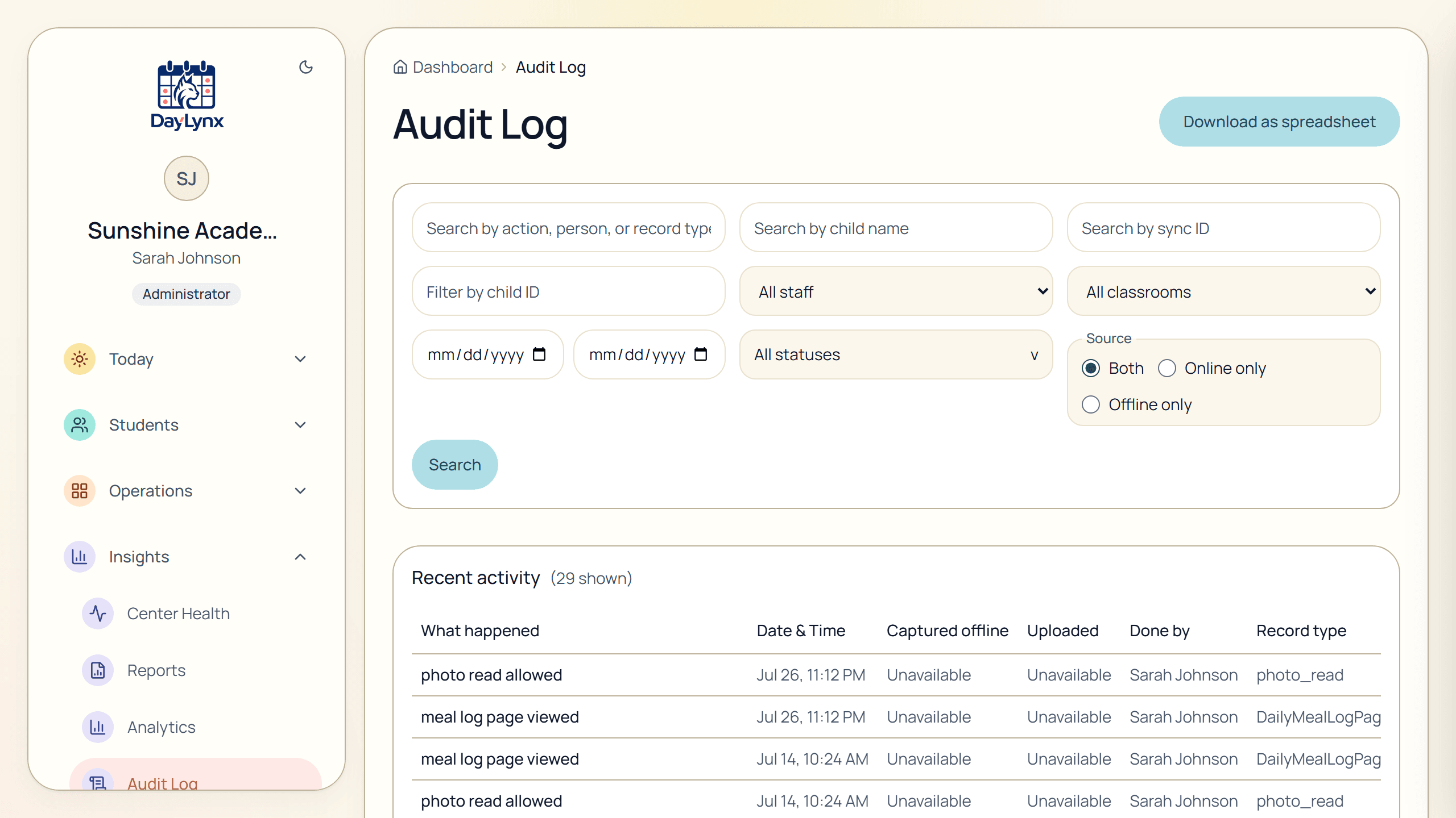 Audit log showing complete activity trail with search and CSV export