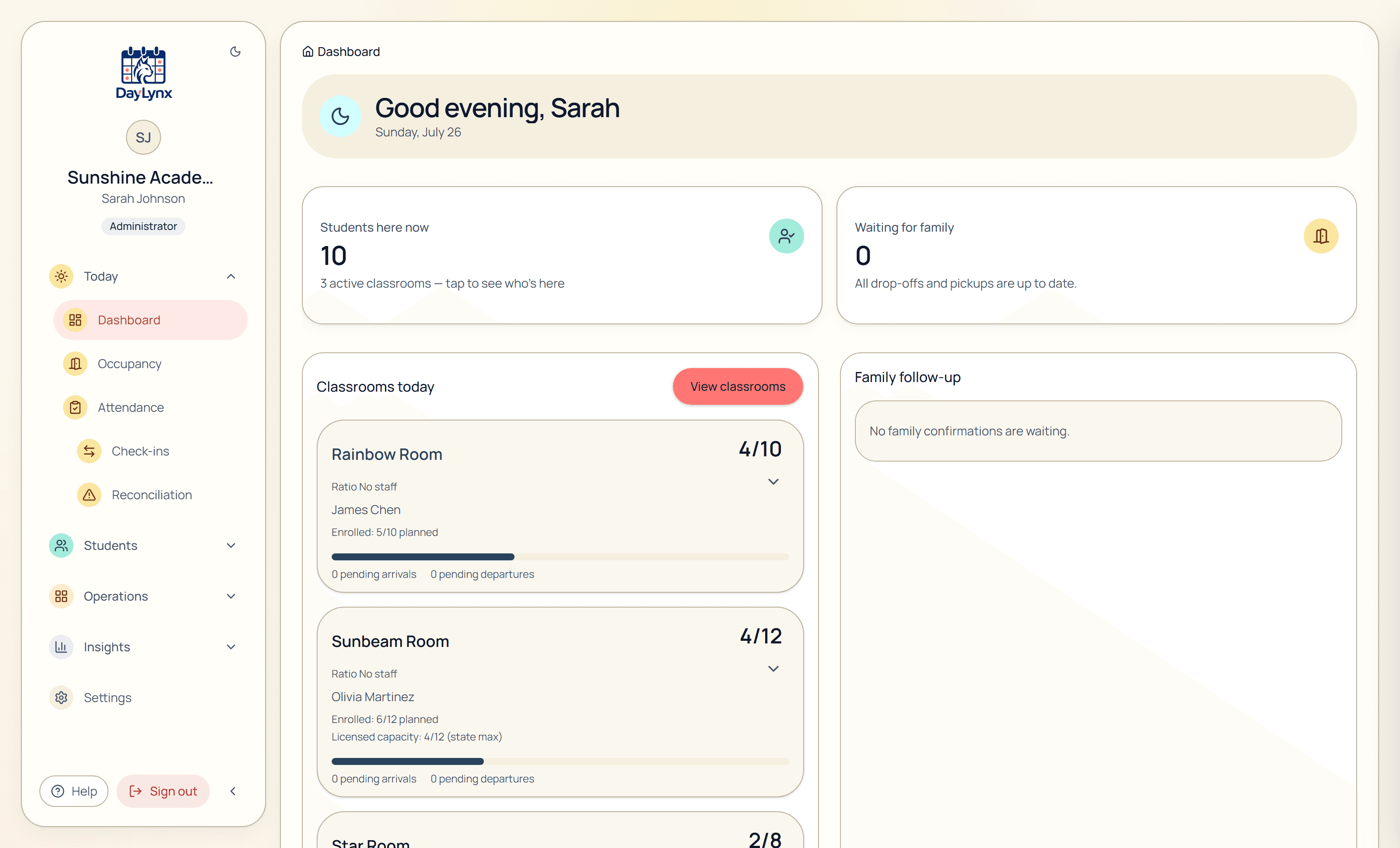 DayLynx dashboard showing live attendance, classroom occupancy, and pending confirmations